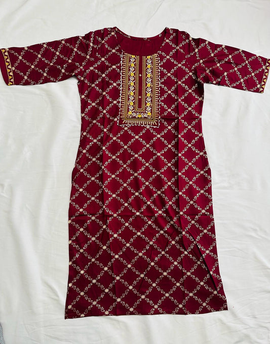 Wine Red Rayon Golden Foil Printed Straight Kurti