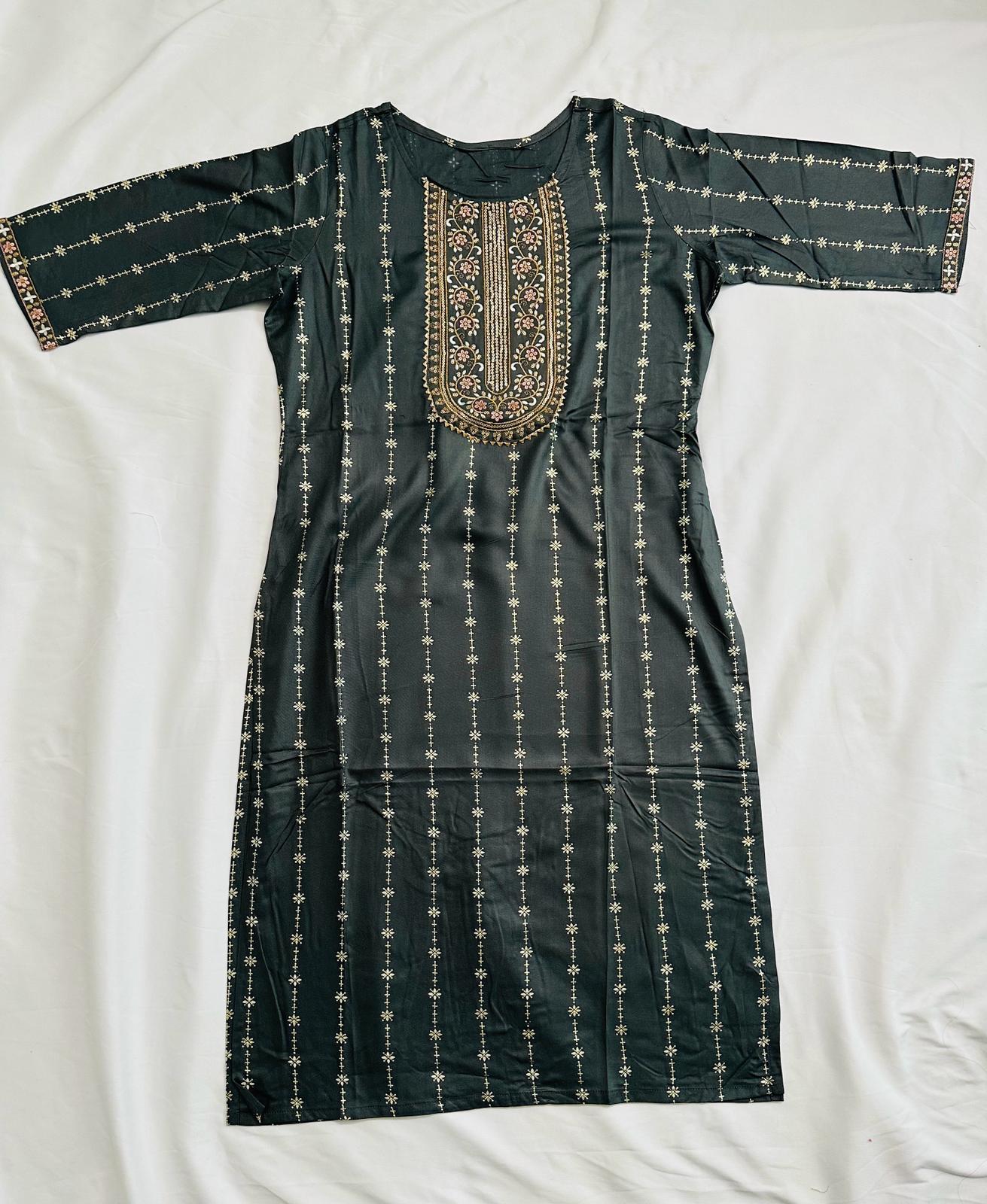 Dark Grey Green Rayon Golden Foil Printed Straight Kurti