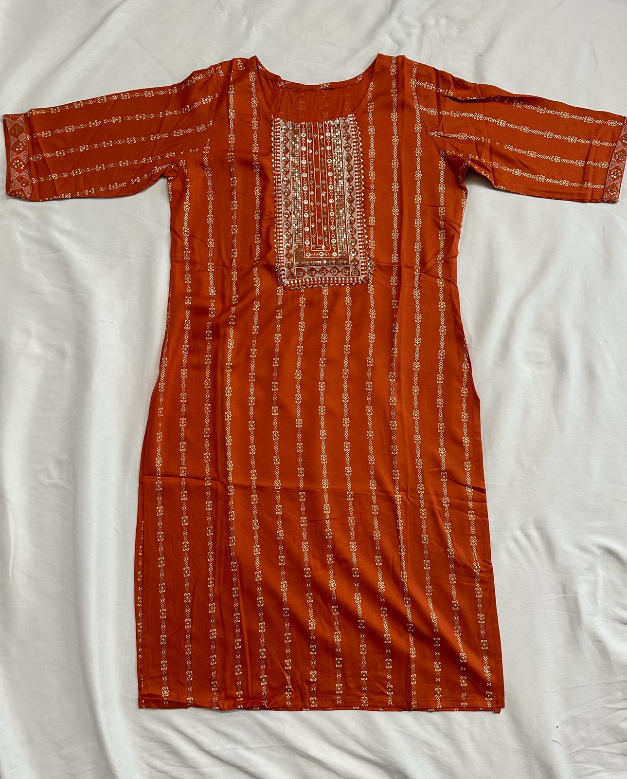 Orange Rayon Golden Foil Printed Straight Kurti