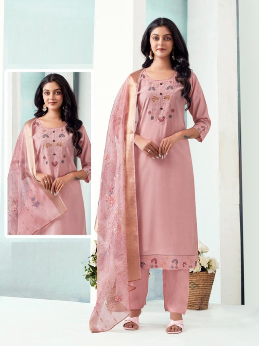 Light Pink Roman Silk Kurta with Bottom and Dupatta