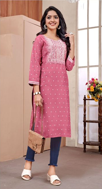 Plus - Pink Rayon Embroidery Kurti