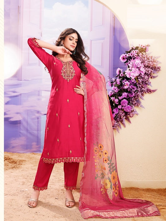 Pink Roman Silk Kurta with Bottom and Dupatta