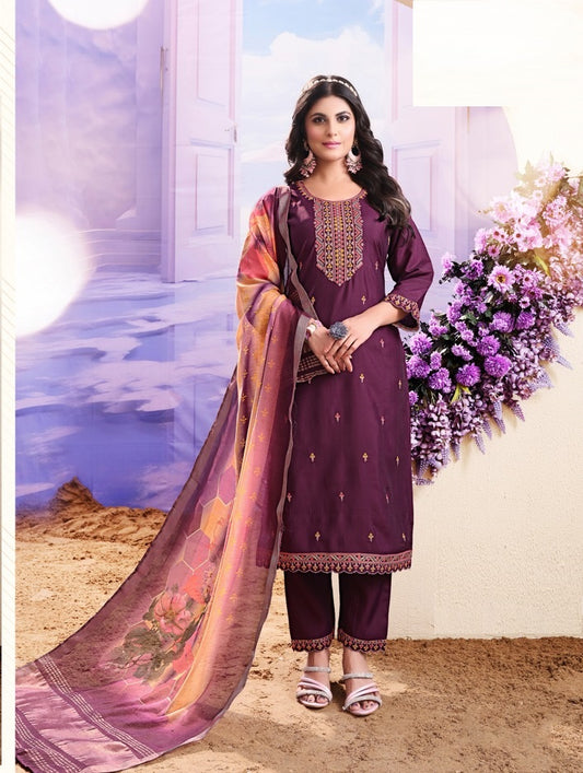 Purple Roman Silk Kurta with Bottom and Dupatta