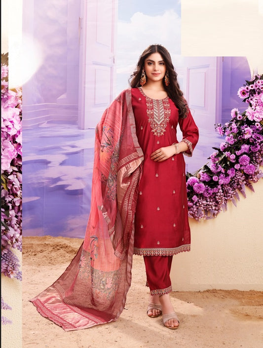 Red Roman Silk Kurta with Bottom and Dupatta