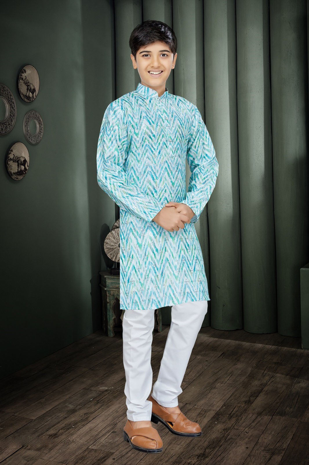 Boys - White and Green Kurta with Pajama