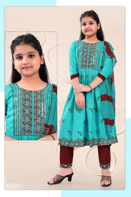 Girls - Blue and Brown Nyra Cut Salwar Suit With Sequin Embroidery Work