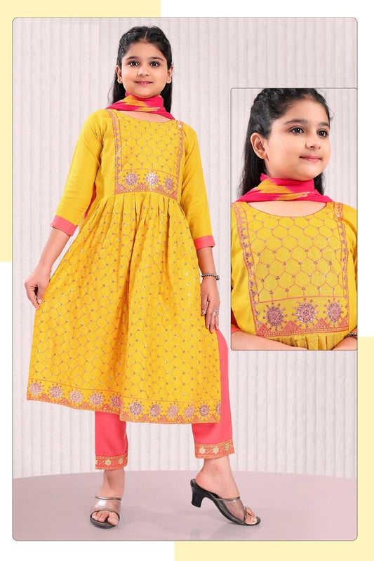 Girls - Yellow and Pink Nyra Cut Salwar Suit with Sequin Embroidery Work