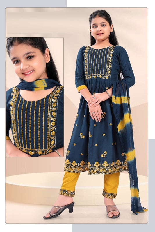 Girls - Navy Blue and Yellow Nyra Cut Salwar Suit with Sequin Embroidery Work