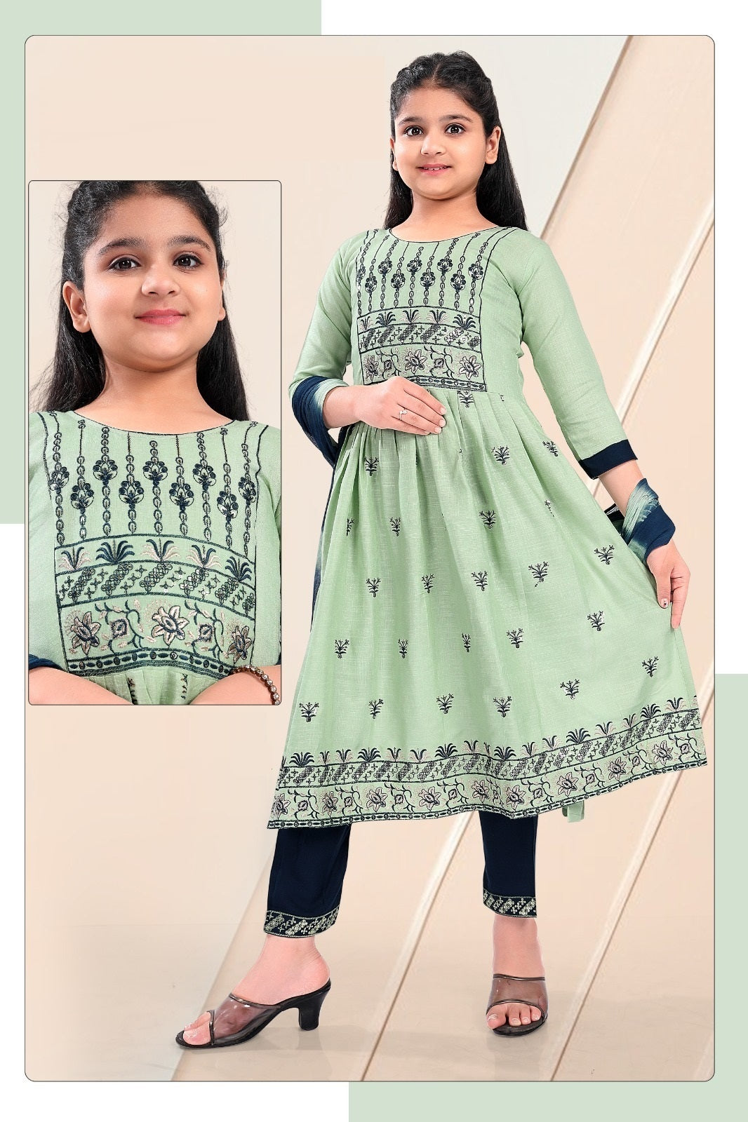 Girls - Green and Navy Blue Nyra Cut Salwar Suit with Sequin Embroidery Work
