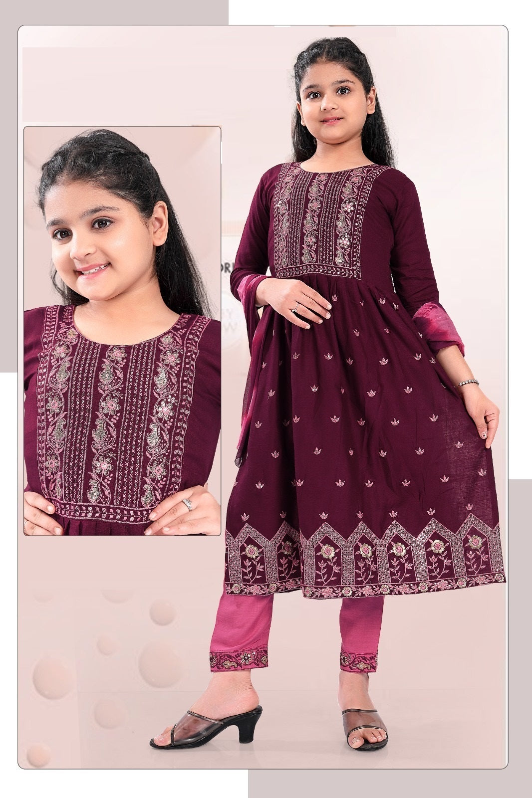 Girls - Purple and Pink Nyra Cut Salwar Suit with Sequin Embroidery Work