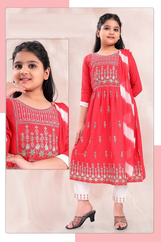 Girls - Coral Red and White Nyra Cut Salwar Suit with Sequin Embroidery Work