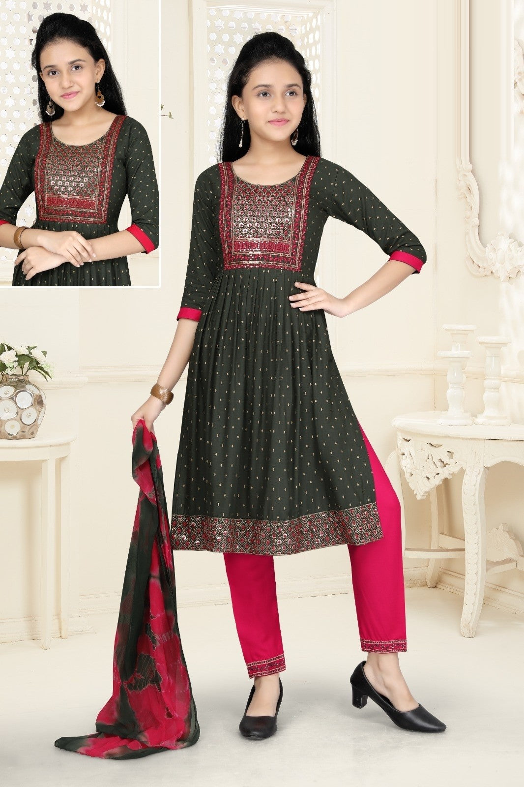Girls - Grey and Pink Nyra Cut Salwar Suit with Sequin Embroidery Work