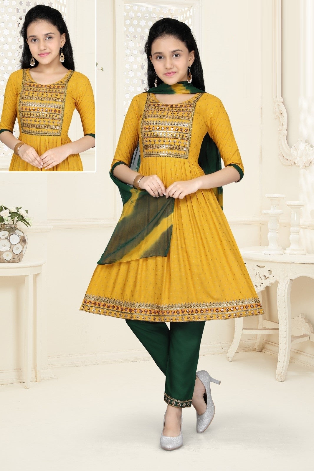 Girls - Yellow and Green Nyra Cut Salwar Suit with Sequin Embroidery Work