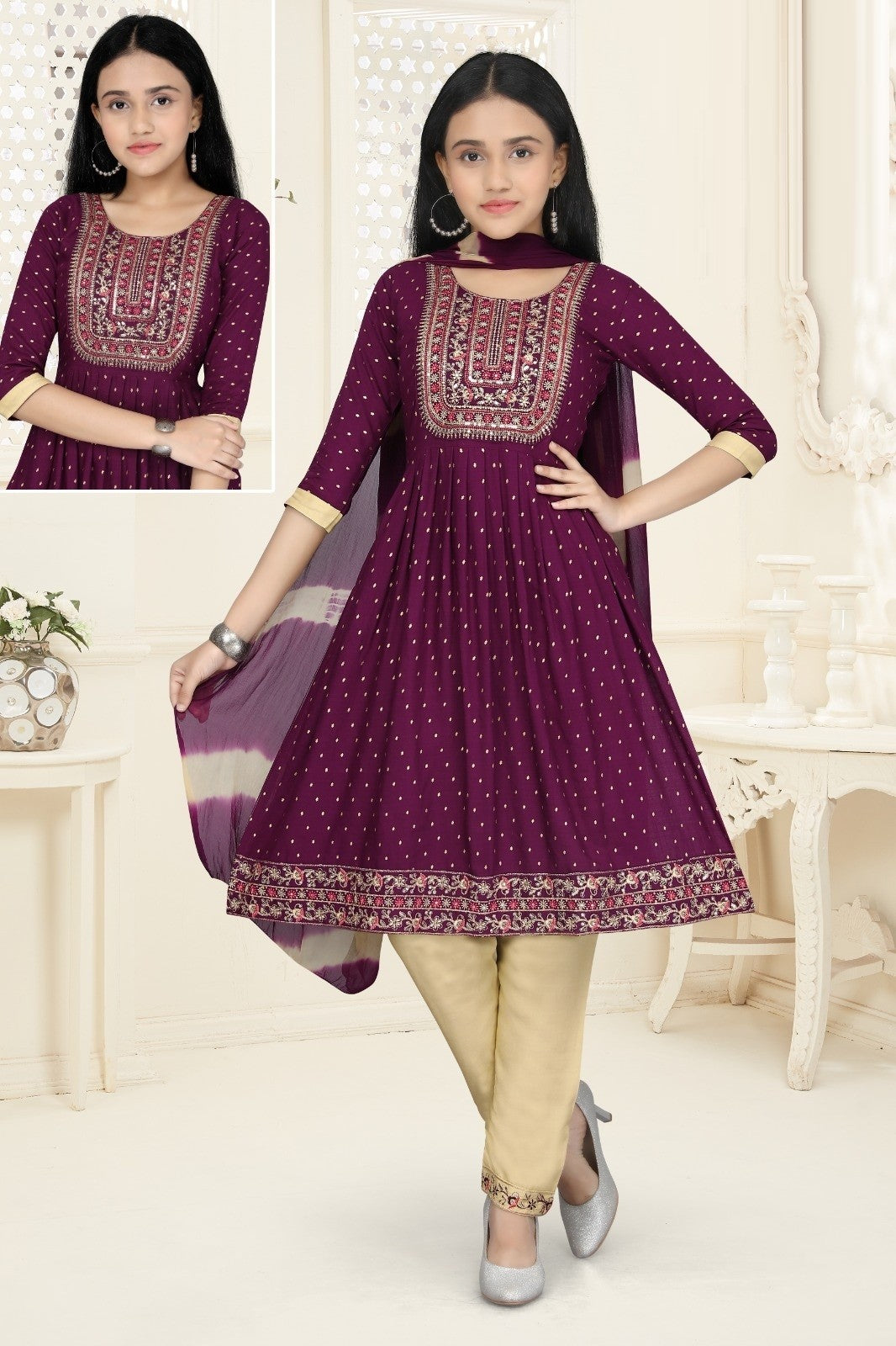 Girls - Purple and Beige Nyra Cut Salwar Suit with Sequin Embroidery Work