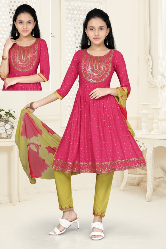 Girls - Pink and Lime Green Nyra Cut Salwar Suit with Sequin Embroidery Work