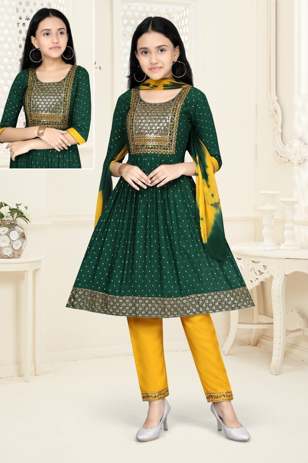 Girls - Green and Yellow Nyra Cut Salwar Suit with Sequin Embroidery Work