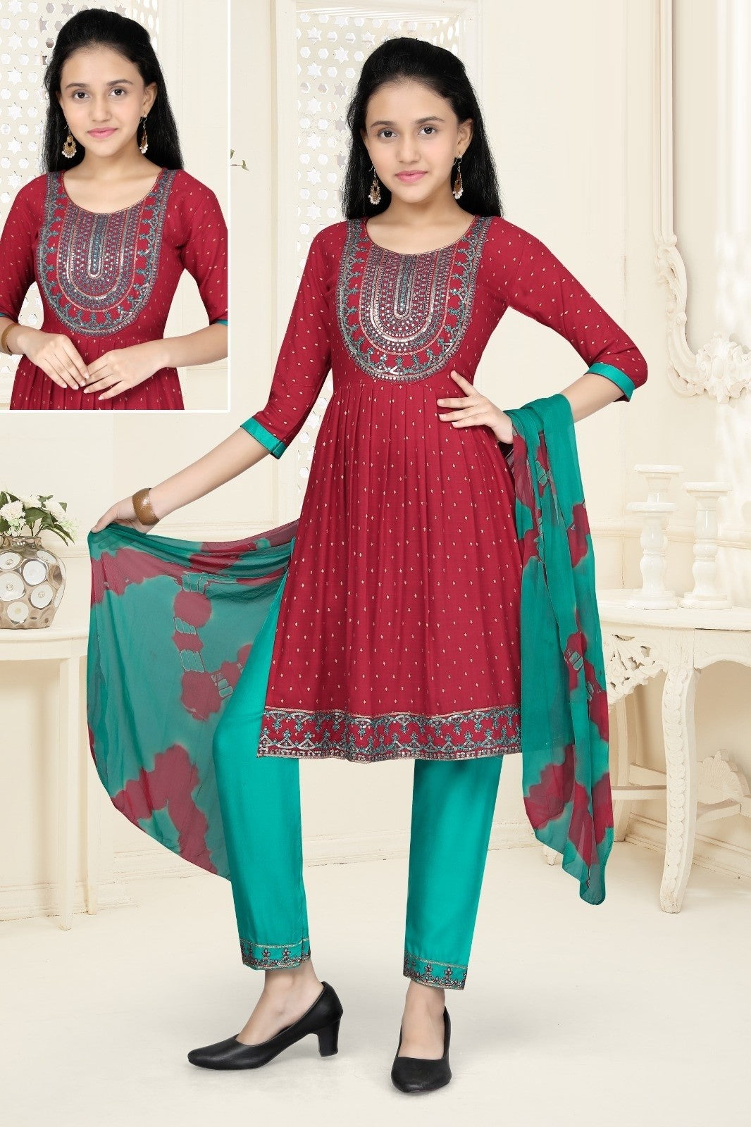 Girls - Red and Blue Nyra Cut Salwar Suit with Sequin Embroidery Work