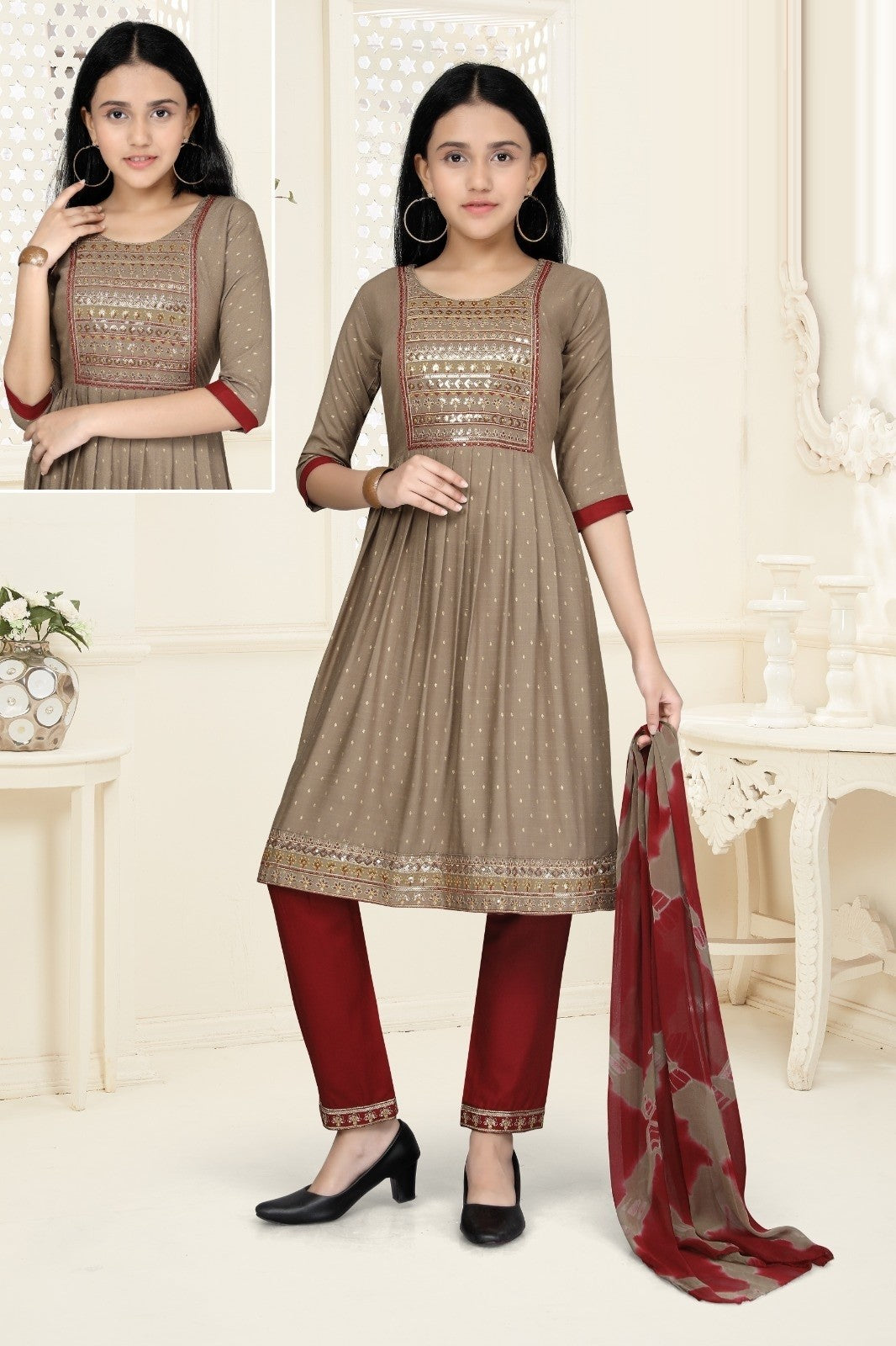 Girls - Khaki and Maroon Nyra Cut Salwar Suit with Sequin Embroidery Work