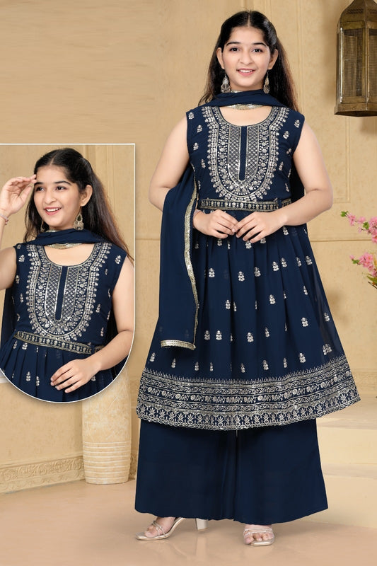 Navy-Blue Georgette Kurti Sharara with Dupatta