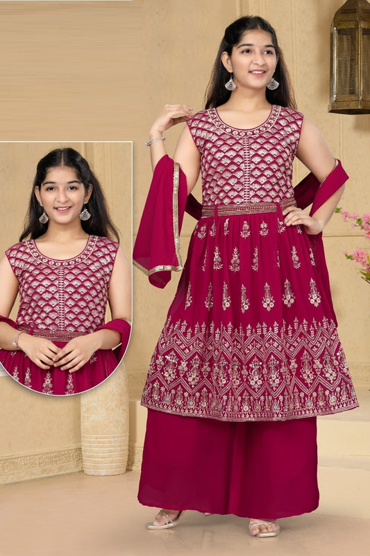 Burgundy Georgette Kurti Sharara with Dupatta