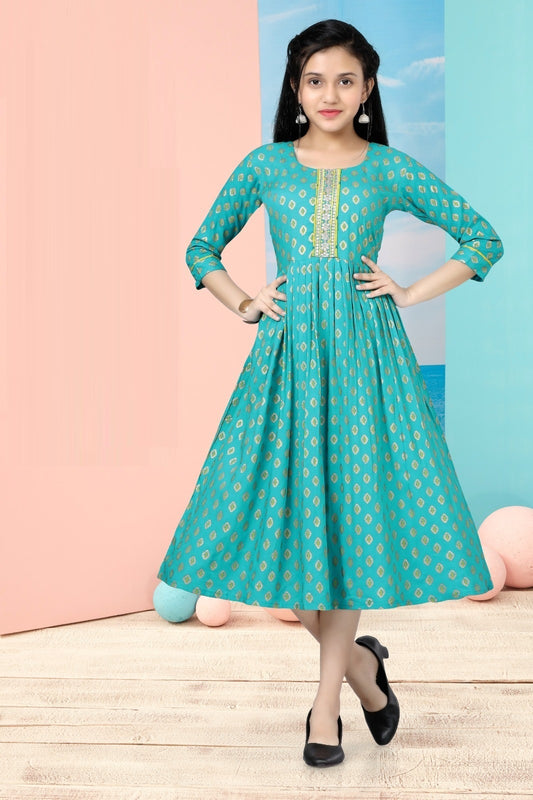 Girls - Blue Foil Printed Anarkali Kurti