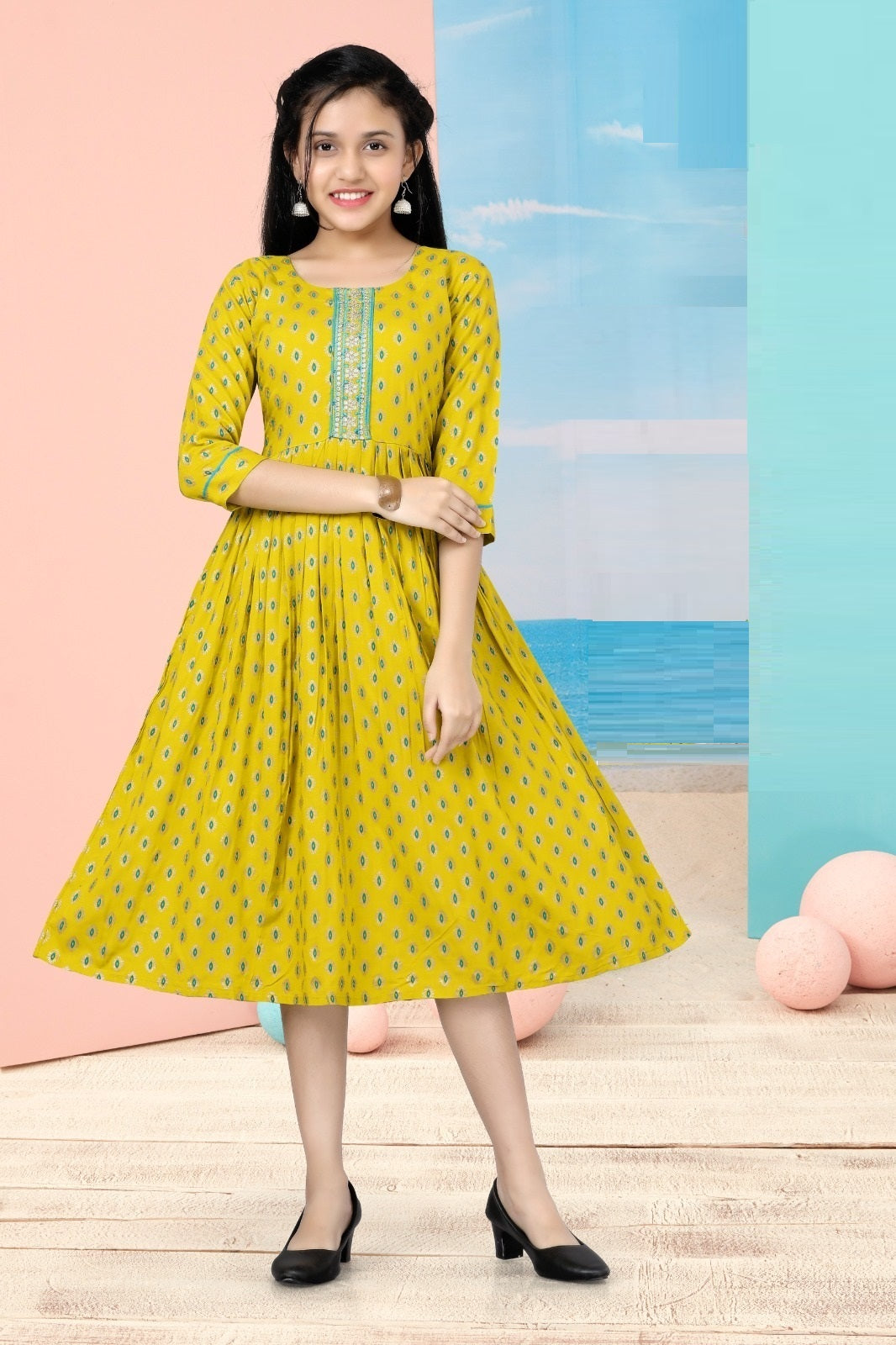 Girls - Yellow Foil Printed Anarkali Kurti