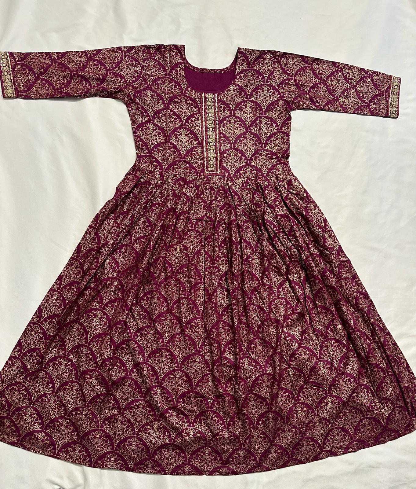 Big Girls/Petite - Dark Red Wine Rayon Foil Print Anarkali Kurti