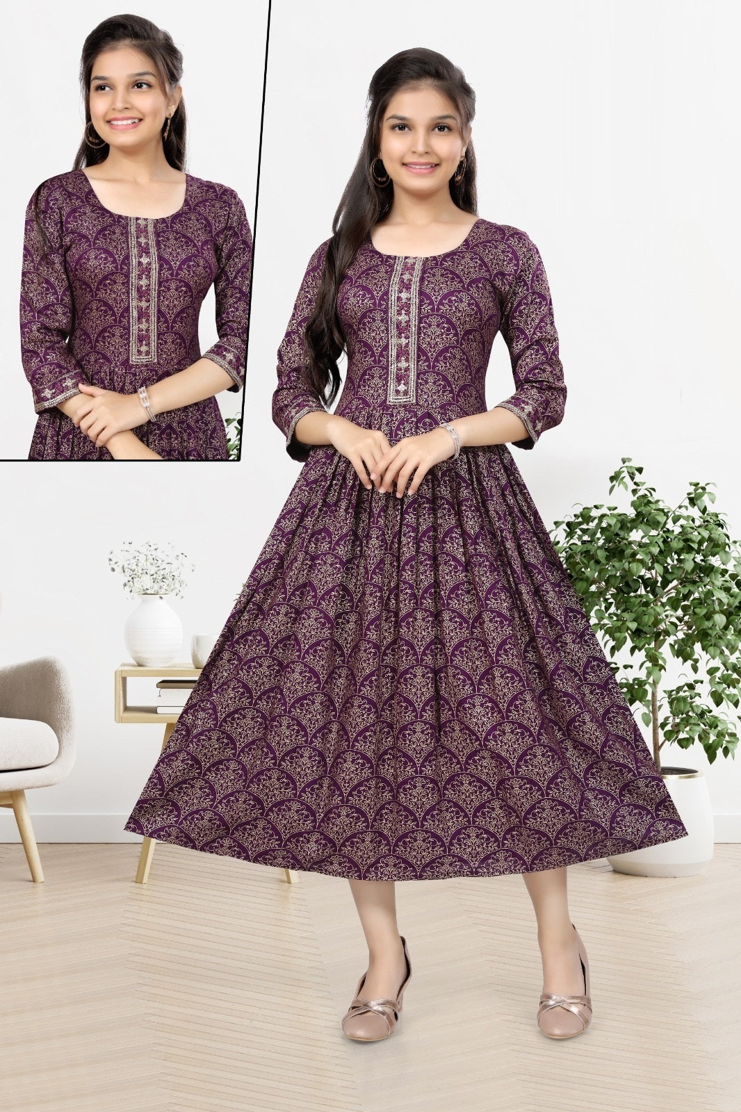 Big Girls/Petite - Dark Red Wine Rayon Foil Print Anarkali Kurti