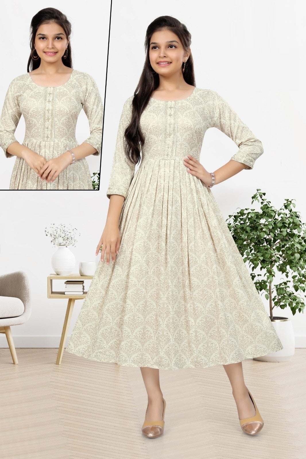 Big Girls/Petite - Off White Rayon Foil Print Anarkali Kurti