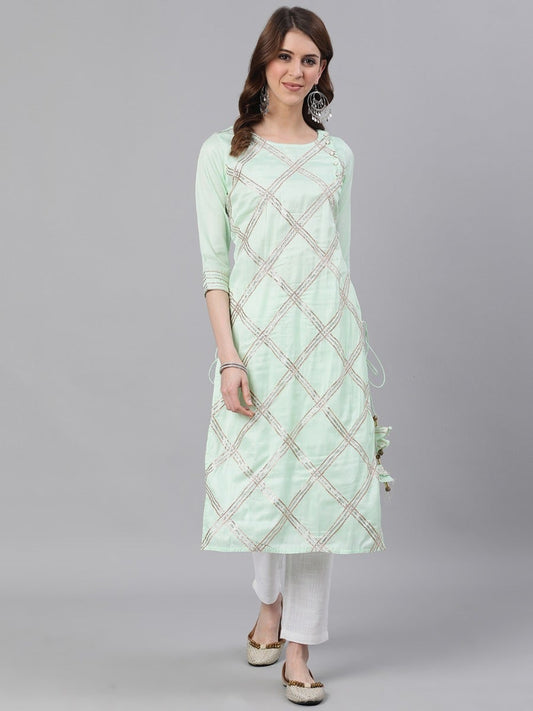 Plus - Green Satin Straight Kurti