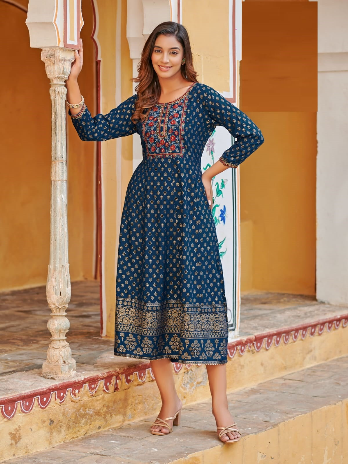 Blue Rayon Foil Print Anarkali Kurti