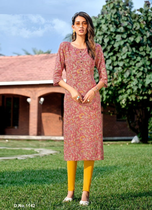 Light Berry Red Rayon Floral Printed Straight Kurti