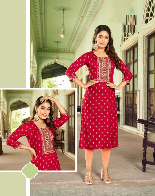 Red Rayon Golden Foil Printed Straight Kurti