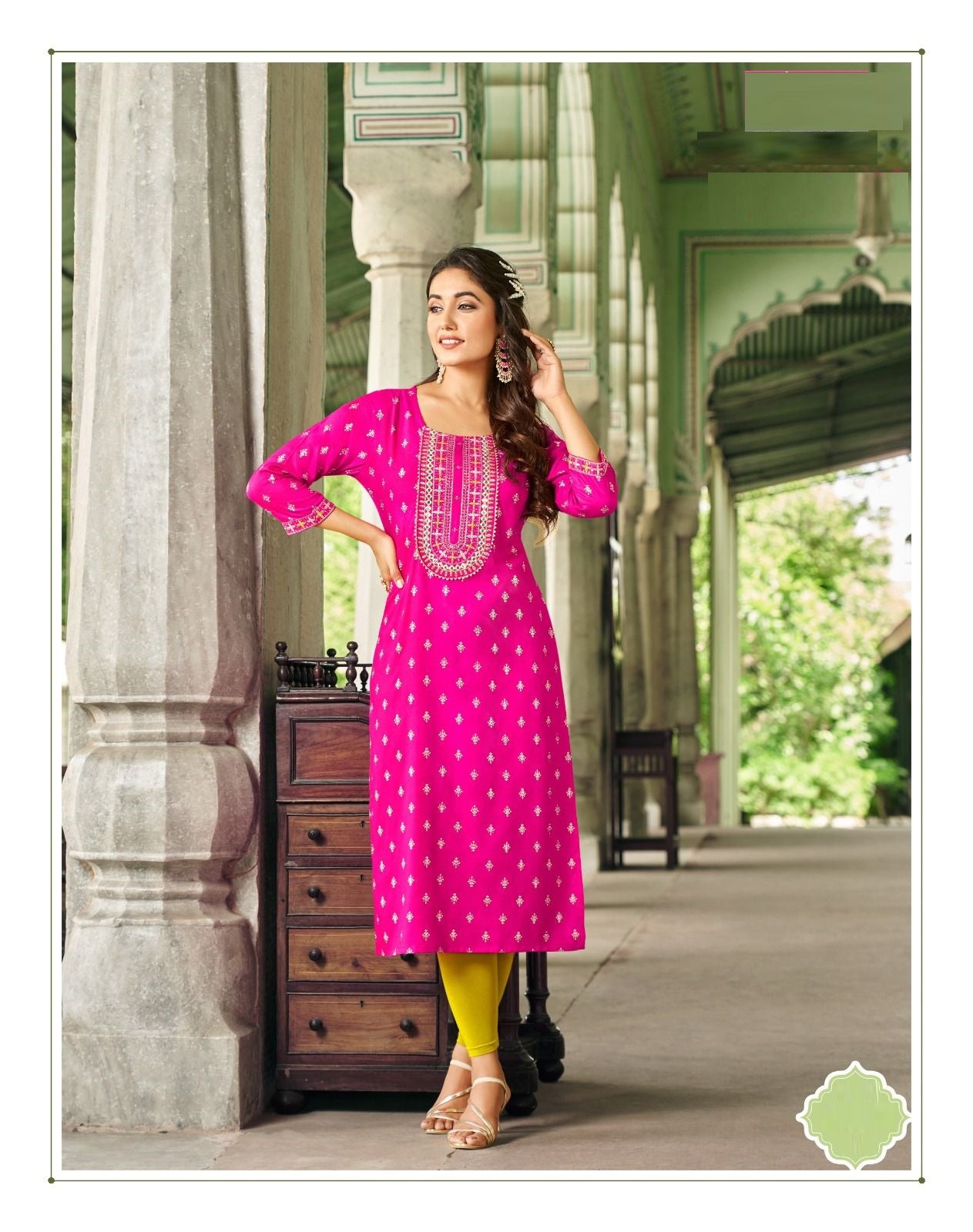 Hot Pink Rayon Golden Foil Printed Straight Kurti