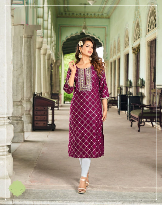 Wine Red Rayon Golden Foil Printed Straight Kurti
