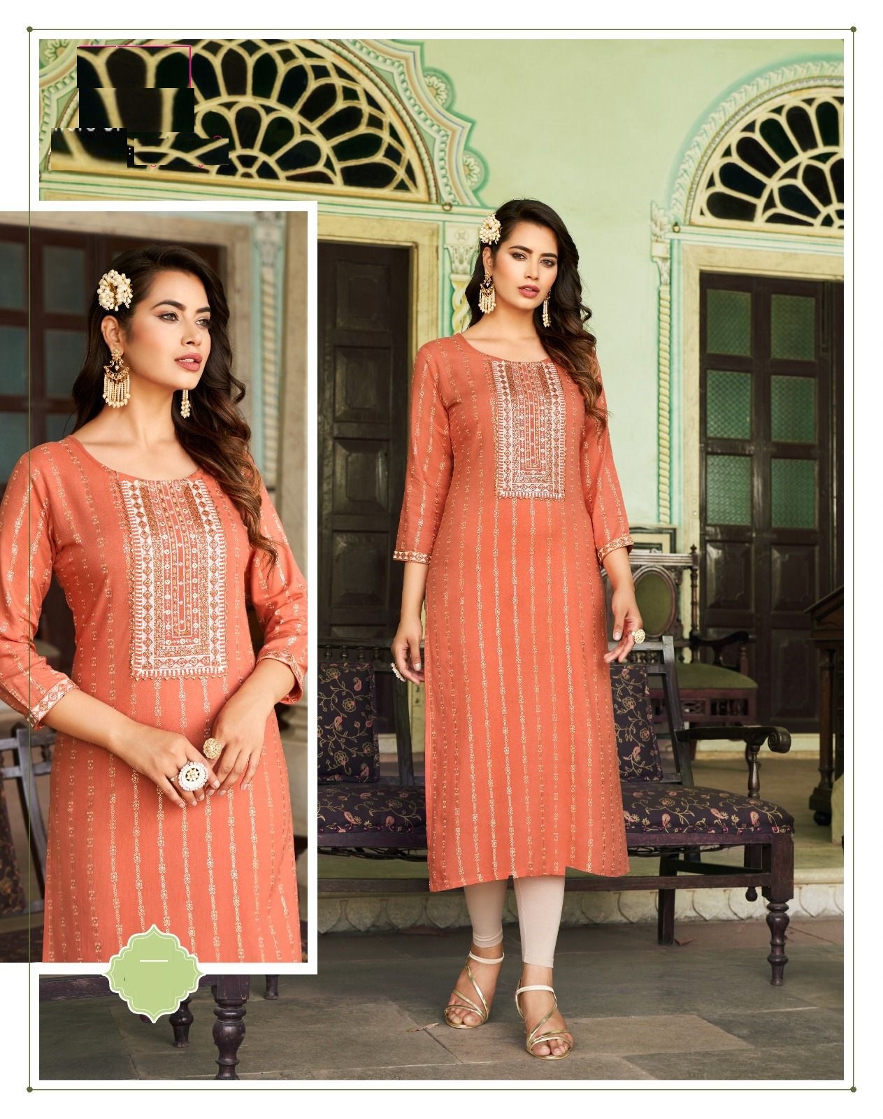 Orange Rayon Golden Foil Printed Straight Kurti