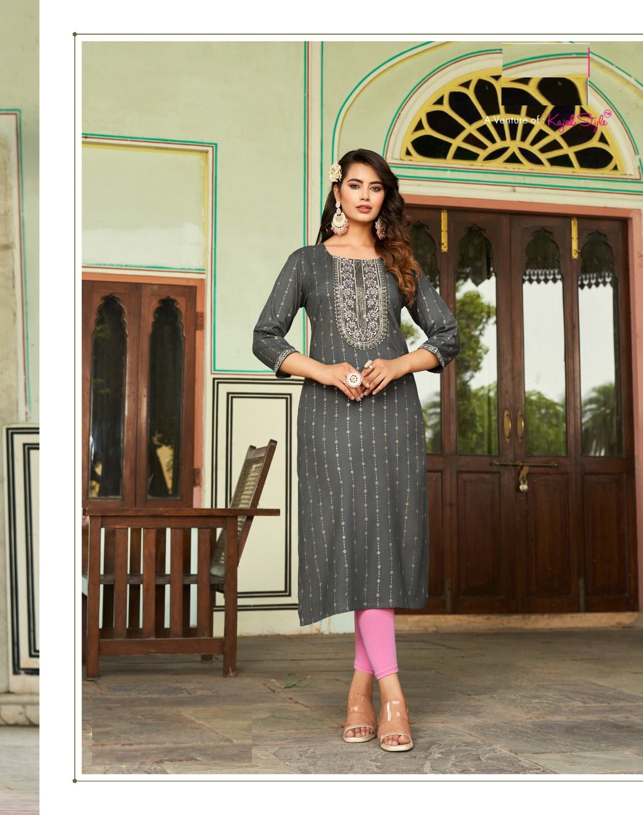 Dark Grey Green Rayon Golden Foil Printed Straight Kurti