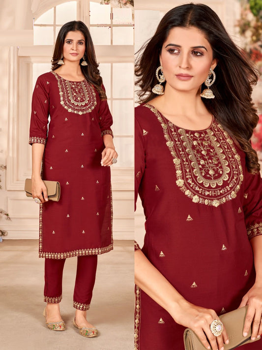 Maroon Cotton Silk Kurti with Pant