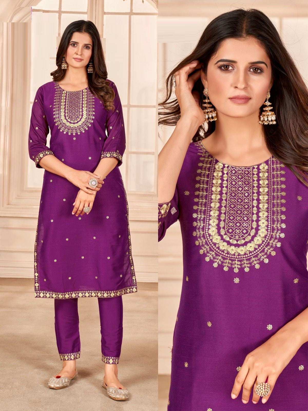 Purple Cotton Silk Kurti with Pant