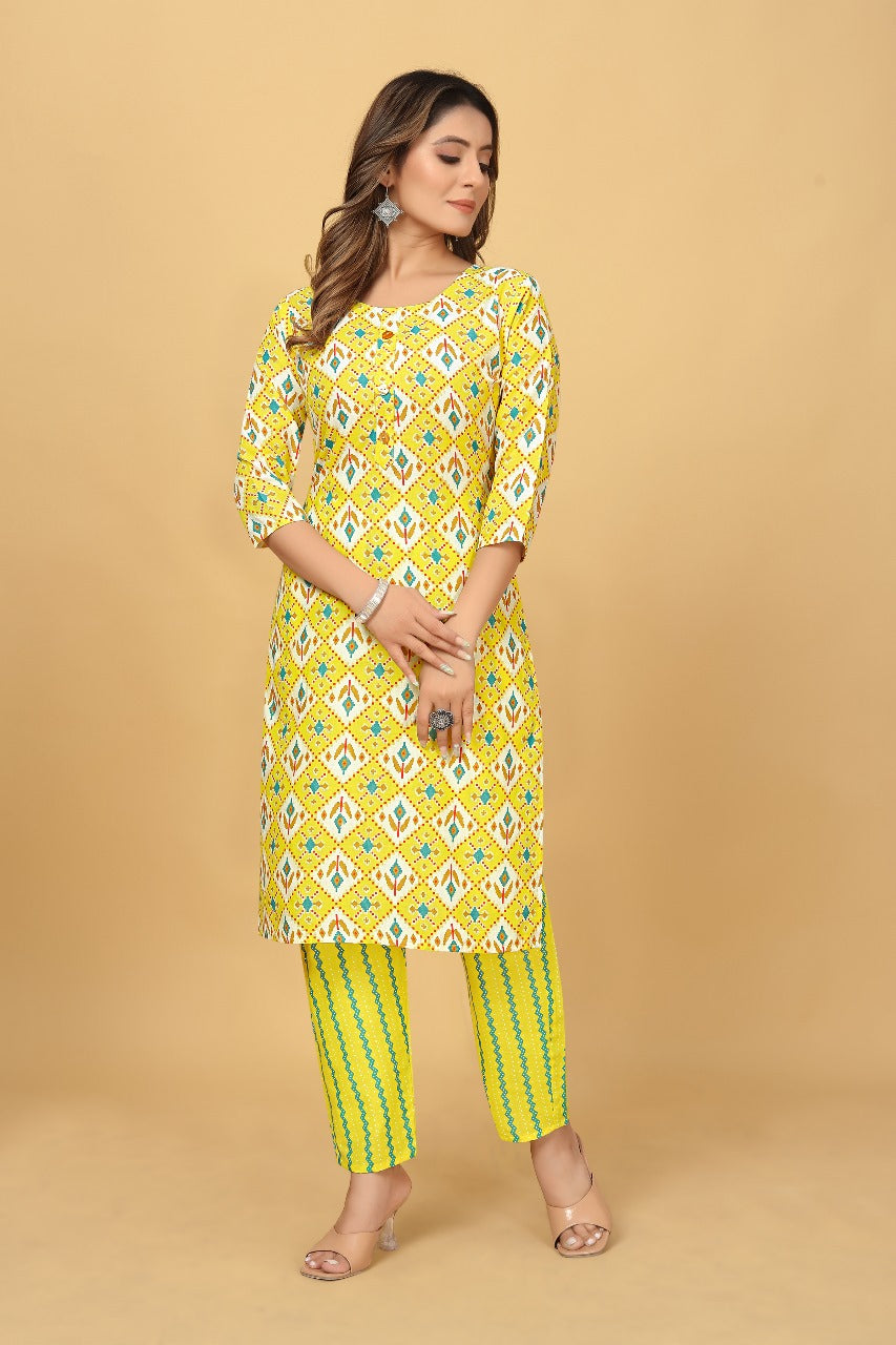 Yellow Cotton Kurti with Pant