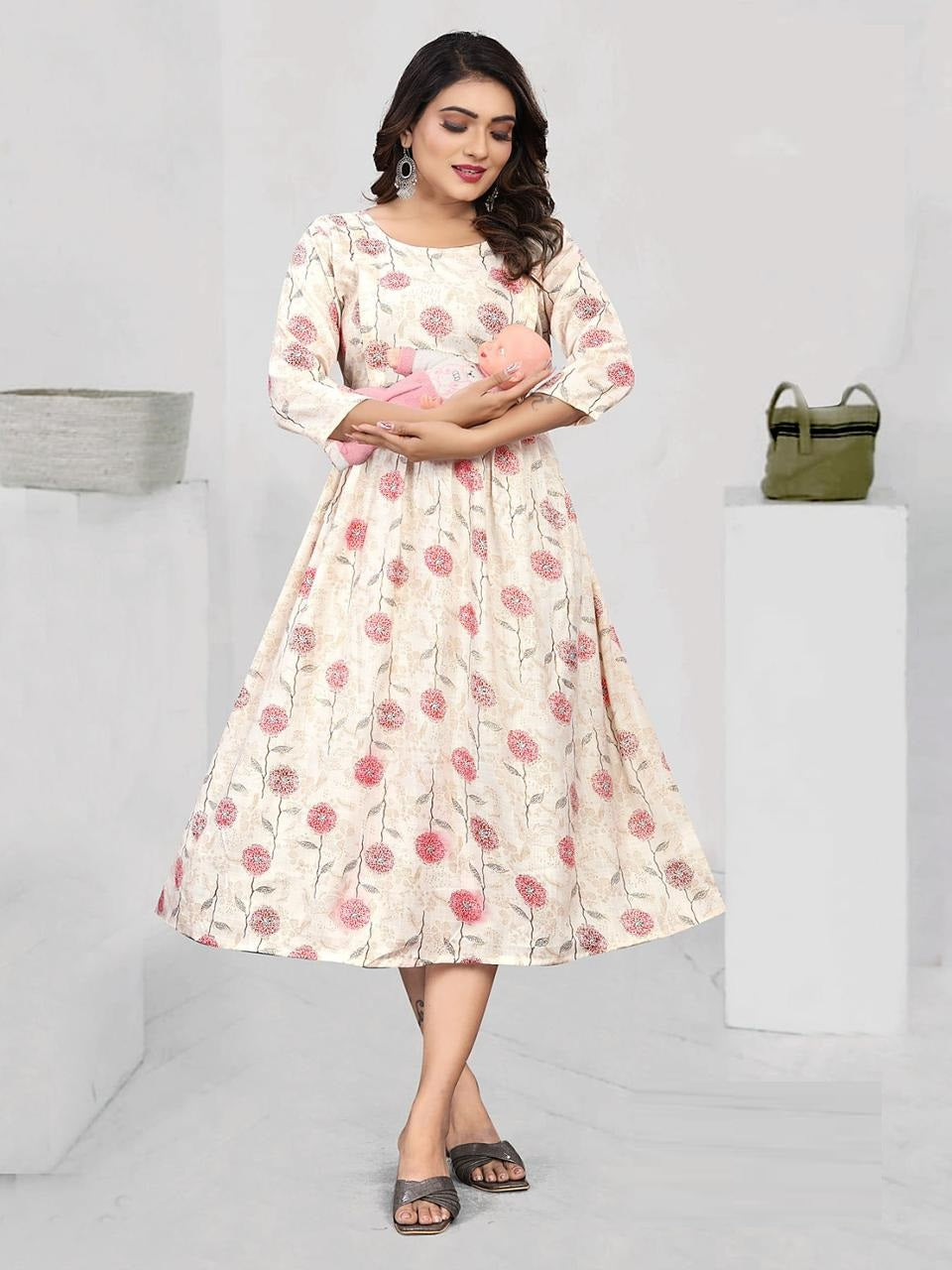 Beige and Pink Rayon Maternity Kurti