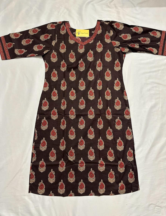 Plus - Brown Cotton Floral Printed Straight Kurti