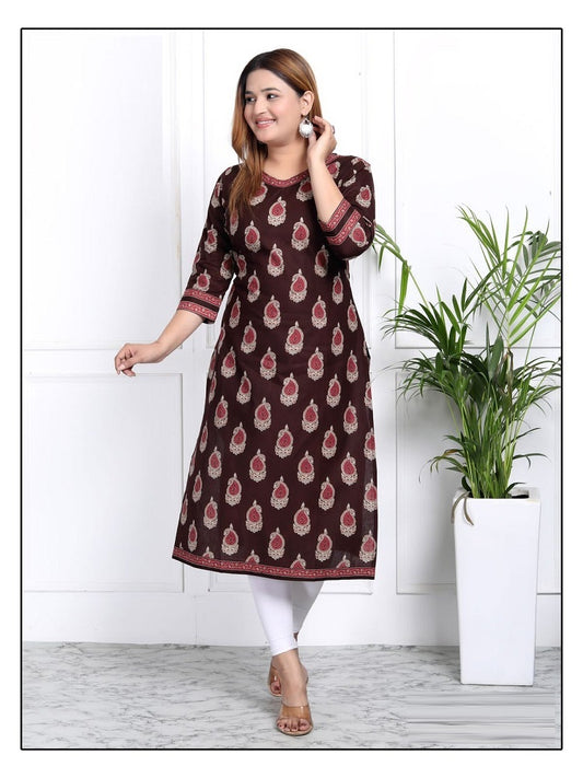 Plus - Brown Cotton Floral Printed Straight Kurti