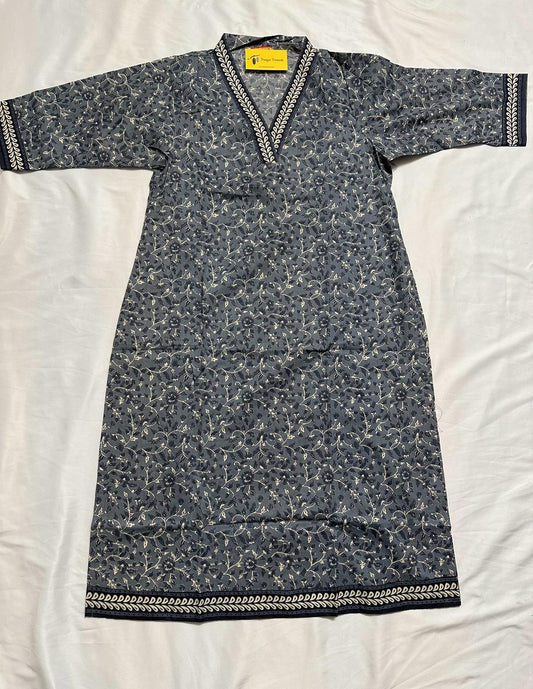 Plus - Grey Cotton Floral Printed Straight Kurti