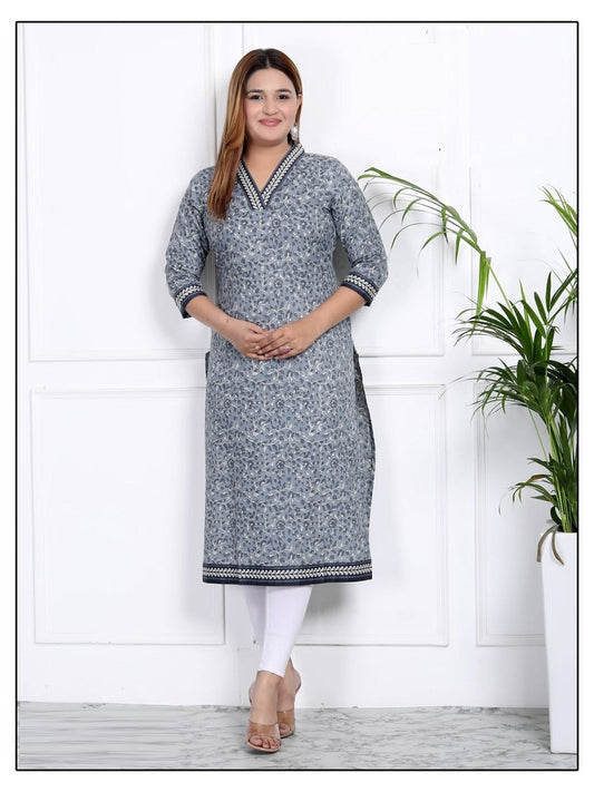 Plus - Grey Cotton Floral Printed Straight Kurti