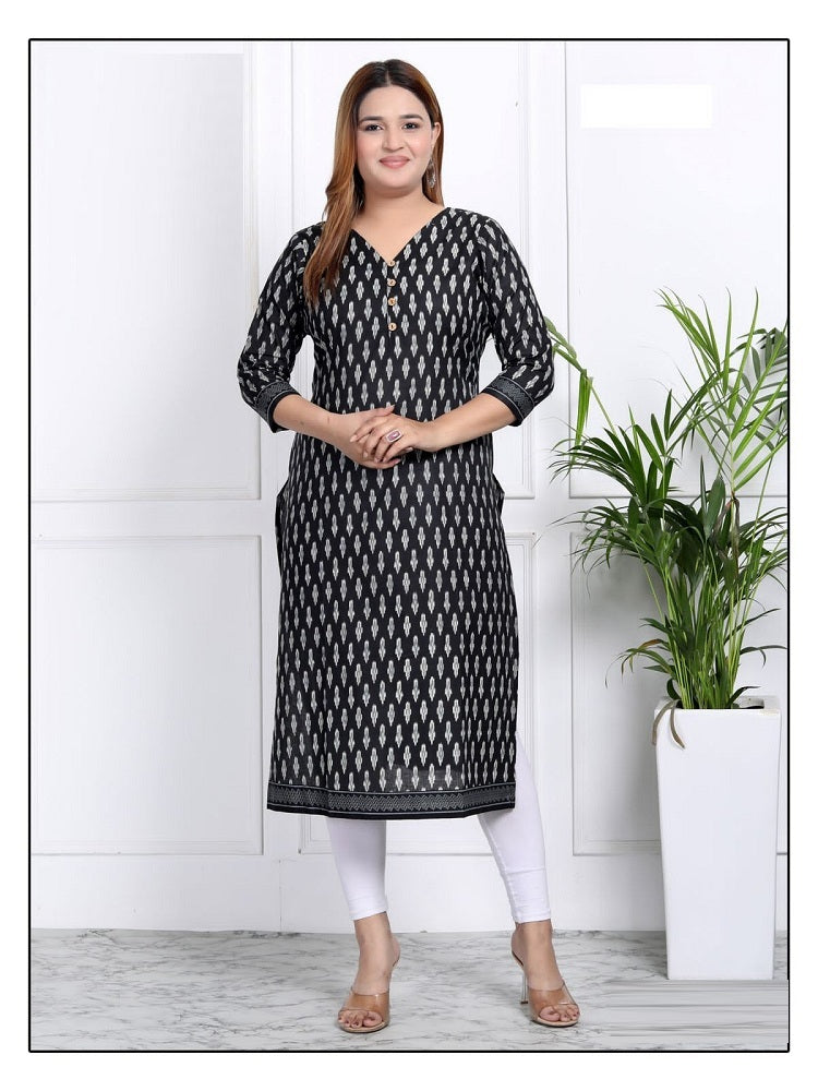 Plus - Black Cotton Floral Printed Straight Kurti