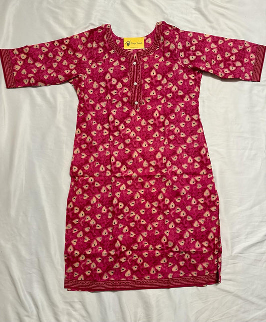 Plus - Deep Pink Cotton Floral Printed Straight Kurti