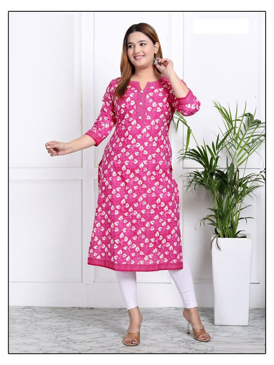 Plus - Deep Pink Cotton Floral Printed Straight Kurti