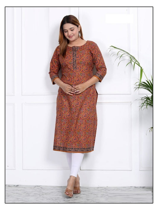 Plus - Orange Cotton Floral Printed Straight Kurti