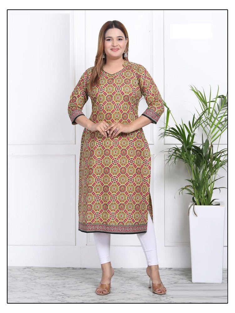 Plus - Lime Green Cotton Floral Printed Straight Kurti